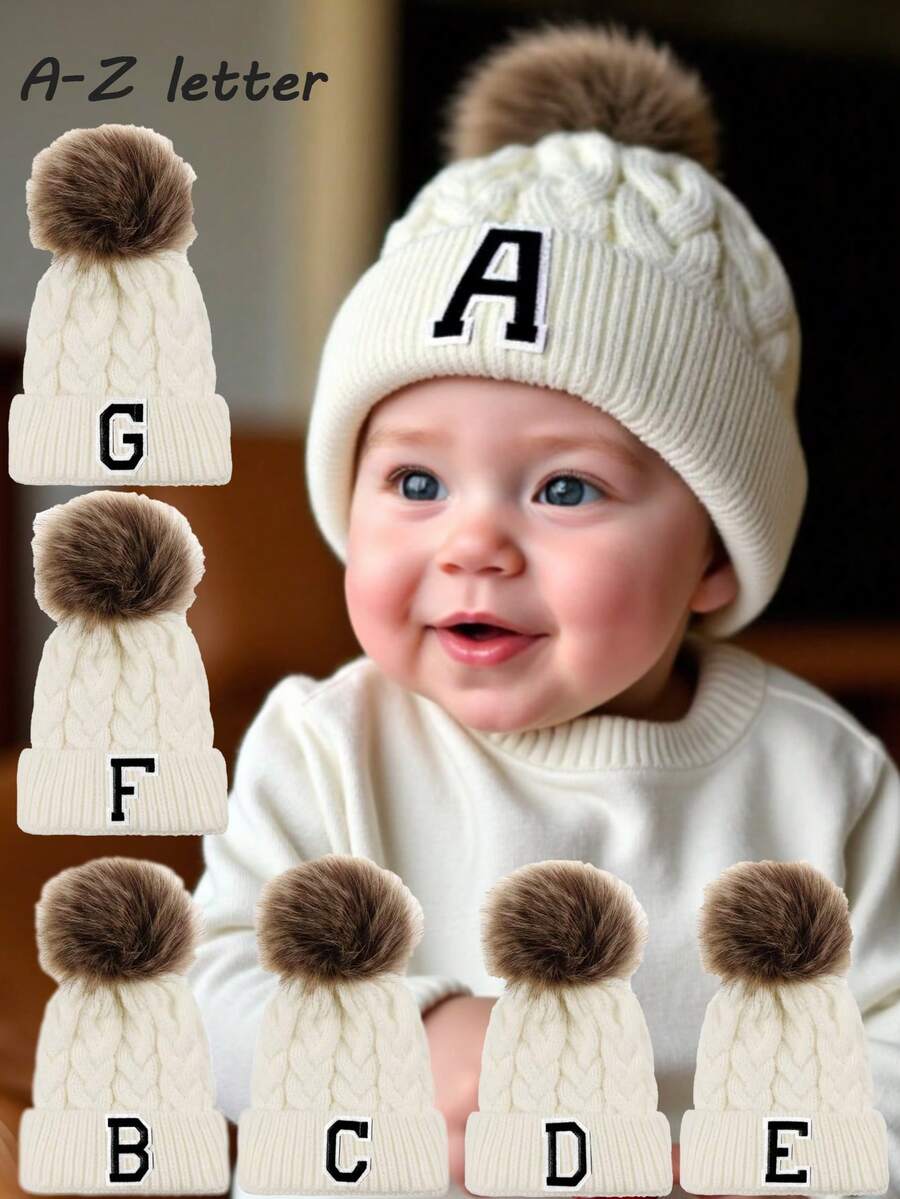 1 pieza Gorro de bebé con letra A-Z tejido, gorro de punto recién nacido, gorro cálido, unisex para bebé, sombrero de bebé versátil de unicolor - Blanco - Ver 1