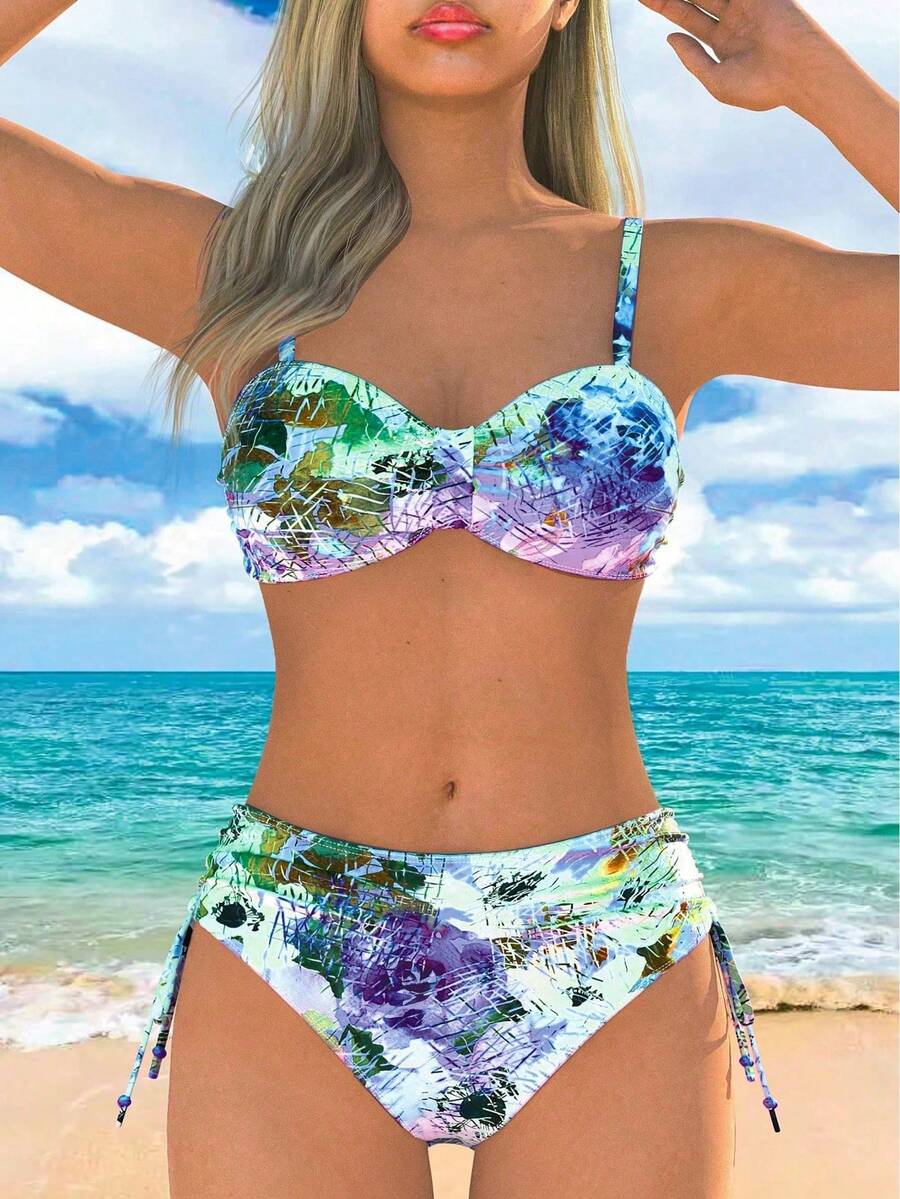 Women's Summer Beach Full-Print Floral Spaghetti Strap Bikini Set 2 Pieces Set - Purple - View 1