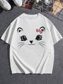 Camiseta con estampado de cara de gato para mujer, estilo casual, suave y cómoda, cuello redondo a la moda, disponible en varias tallas, ¡ideal para regalar! Talla extragrande. - Blanco - Ver 3