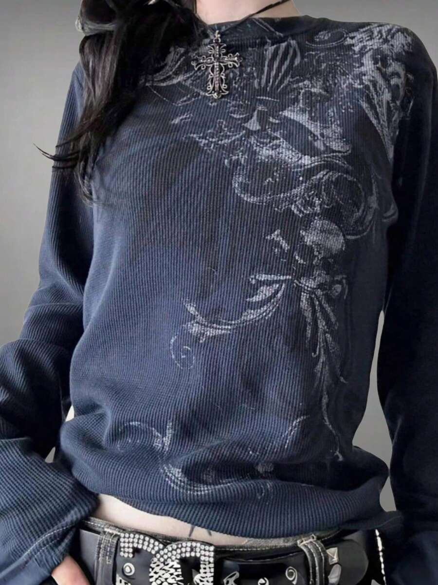 Women's Y2k Autumn T-Shirt Gothic Vintage Printed Ladies Fall Tops Long Sleeve Crew Neck Casual Going Out Tops Streetwear Aesthetic Clothes