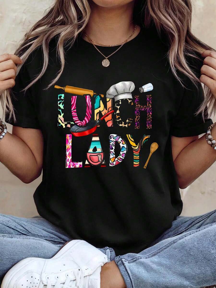 Lunch Lady Cafeteria Worker Lunch School Nutrition T-Shirt, Graphic Tees Women - 黑色 - 查看 1