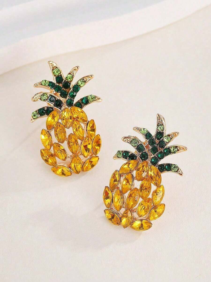 1pair New Fashion Creative Pineapple Stud Earrings For Women's Summer Beach Accessories - 黃色 - 查看 1