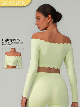 GOSOUER Camiseta de manga larga casual de yoga con hombros descubiertos, encaje y almohadilla extraíble para el pecho para mujer
