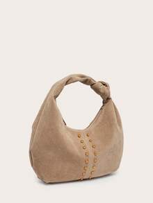 Women's Crescent-Shaped Solid Color Handbag, Versatile And Fashionable, With Knotted Single Handle, Suitable For Underarm Carry And Travel - Khaki - View 4