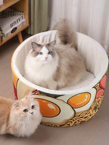 1 Stück vintage Katzen Bett Haus, Design einer Instantnudelverpackung, warmes atmungsaktives Katzen & Hunde Kennel Bett mit Kissen Halter, gemütliches Nest für Haustiere