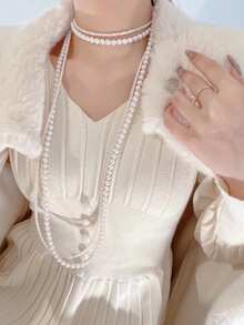1PC Pearl Necklace Women Long Dress Accessories Double Cap Spring Autumn Sweater Chain Luxury Necklace