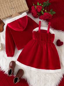 小女孩圣诞节纯色天鹅绒连帽纽扣长袖上衣 + 吊带裙两件套 - 紅色 - 查看 2