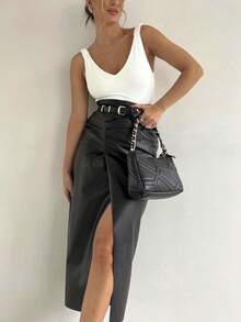 Draped Leather Midi Skirt With Front Opening, Slit And Side Zipper, Long, Elegant Evangelical, Chic Women's Clothing - 黑色的* - 查看 1
