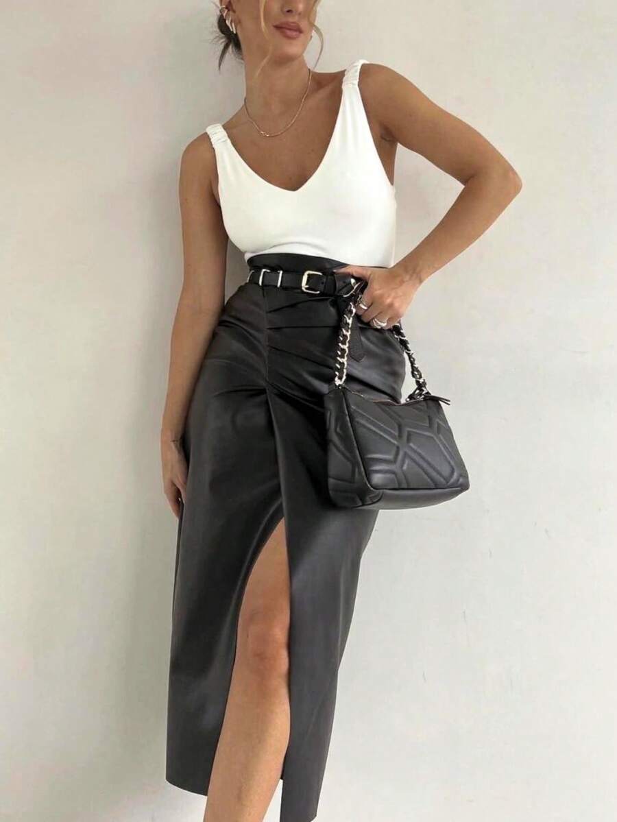 Draped Leather Midi Skirt With Front Opening, Slit And Side Zipper, Long, Elegant Evangelical, Chic Women's Clothing - 黑色的* - 查看 1