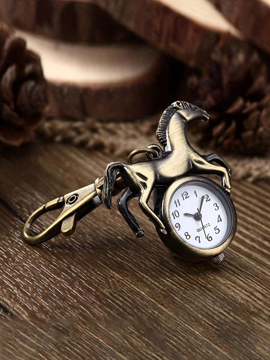 复古青铜马形石英表钥匙扣新奇石英表钥匙扣吊坠包袋配饰，适合女性、学生、时尚配饰、手表配饰、学生礼品、优雅配饰、耐用工艺、日常配饰、复古风格、精准计时、女士配饰 - 銅色 - 查看 1