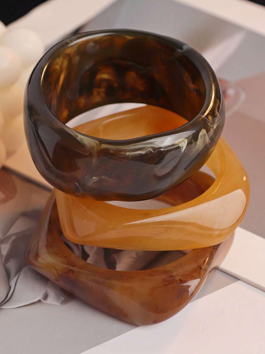 3 件套复古棕色亚克力手镯套装,优雅简约的染色手镯组合,可单独佩戴或叠戴,适合日常佩戴和度假 - 棕色 - 查看 1