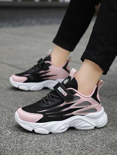 [Lightweight] Breathable Mesh Running Shoes, Casual Sports Style With Striped Pattern, All-Season Low Top Sneakers With Hook-And-Loop Fastener Closure, Round Toe Fabric Upper & EVA Sole For Boys And Girls, Cute Shoes
