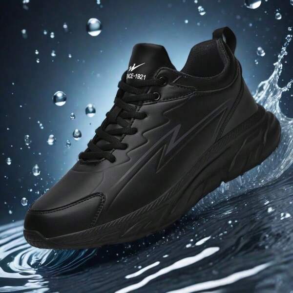 Men's Plus Size Leather Outdoor Sports Shoes, Lace-Up, Wind-Resistant, Suitable For Outdoor Running, Walking, Comfortable Lining, Casual Wear, Daily Work Life, Size 39-48, Lace-Up Solid Color Running Shoes, Suitable For All Seasons