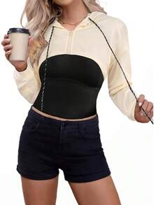 Women Crop Top Pullover Sweatshirt Long Sleeve Drawstring Hoodie - 杏-b - 查看 3