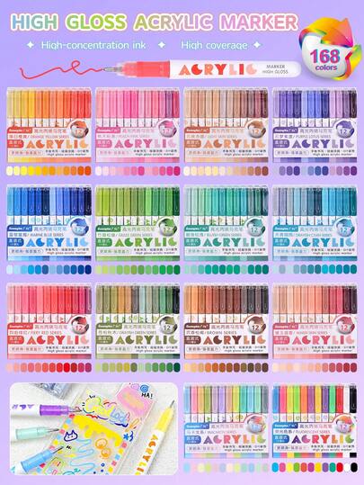 GuangNa 168 Colors Acrylic Gel Pen Set, 1.0mm Bullet Tip, High Color Intensity, Gradient Color Design, Suitable For Writing, Drawing, Doodling, Can Be Used On Various Surfaces