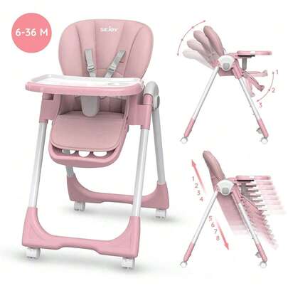  Sejoy Baby High Chair For Babies & Toddlers With 4 Wheels, For 6 Months-3 Years, Up To 110 Lbs/50kg, Removable Tablet, Adjustable Backrest Footrest Tablet Positions Seat Heights, Stand-Alone