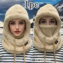 1 件冬季毛绒防寒面罩帽 - 弹性抽绳闭合，轻便保暖骑行滑雪户外运动套头衫，纯色连帽帽，带羊毛防风耳保护，男女通用，4 种颜色可选 - 彩色 - 查看 11