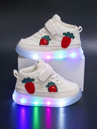 1 Pair PU Toddler Kids LED Light Up Mid-Top Hook And Loop Design Anti-Slip Fashion Cute Classic Student Sports Light Up Shoes, Suitable For Autumn