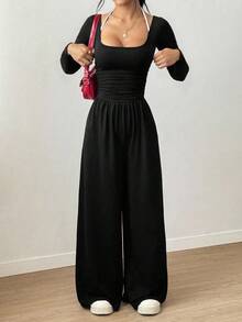 Women's Casual Pleated Loose Straight Jumpsuit - Black - View 7