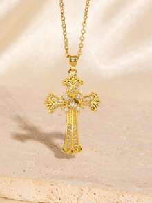 1pc Versatile Zirconia 18K Gold Plated Cross Necklace Pendant, Great Gift For Friends