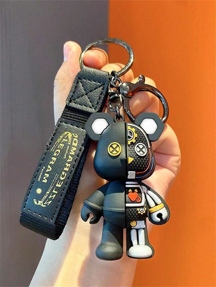 1 件熊形吊饰钥匙扣,男士机械熊钥匙扣,卡通 3D 小雕像时尚创意汽车钥匙圈、包包装饰、礼物 - 黑色 - 查看 1