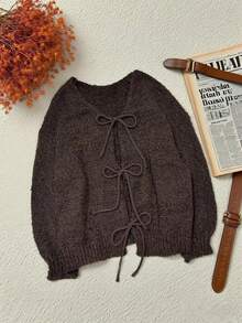 Women's Vintage Front Tie Long Sleeve Knit Cardigan, Warm & Versatile Sweater Jacket For Autumn/Winter