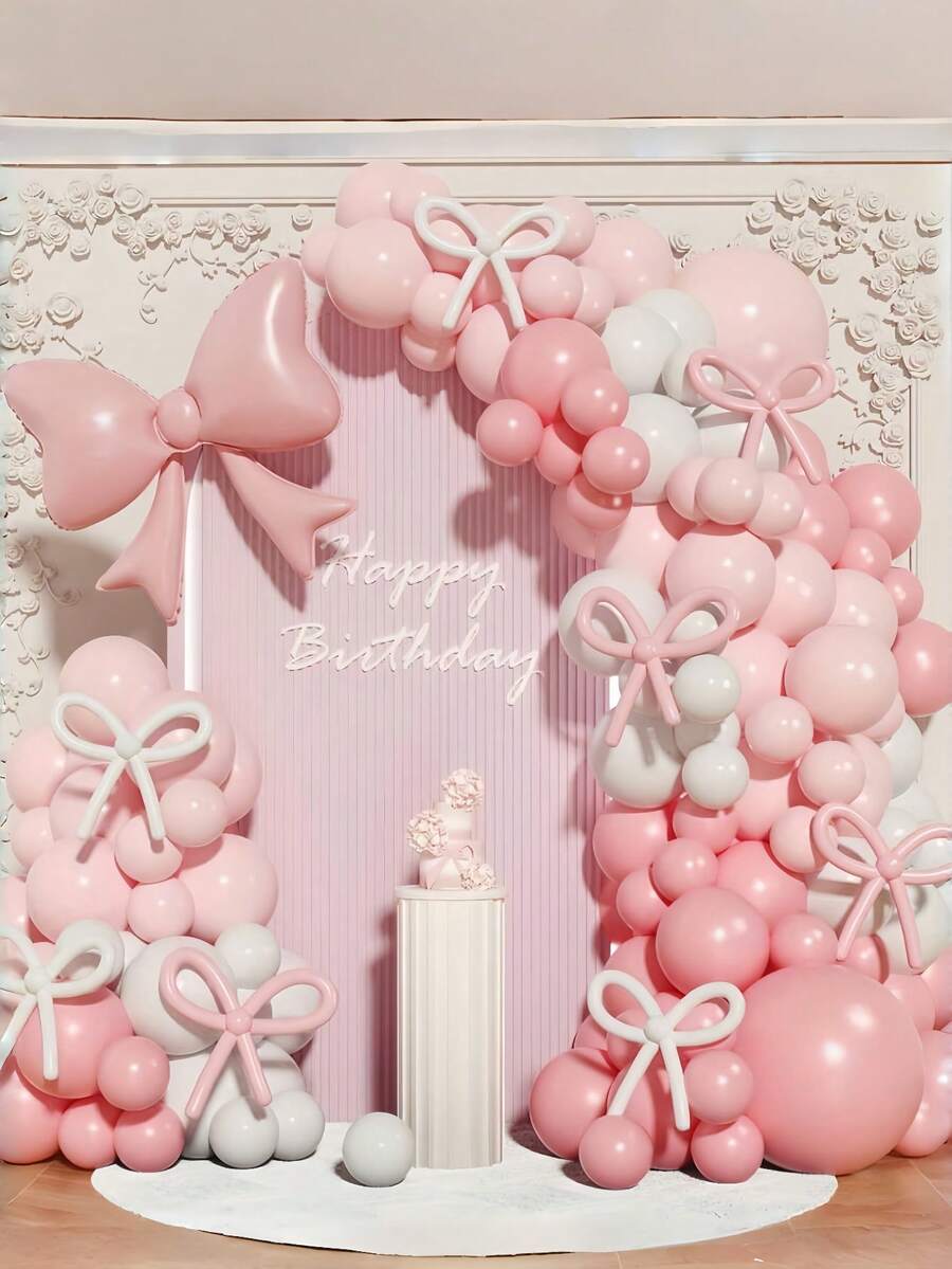147pcs Pink&Black Bow Balloon Arch Kit, Coquette Girl Party Decorations, Light Pink Bow Balloons Birthday Party, Holiday Event, Wedding Engagement Decoration, Graduation Ceremony Decoration, Baby Shower, Christmas Decor, Halloween Costume - 粉色 - 查看 1