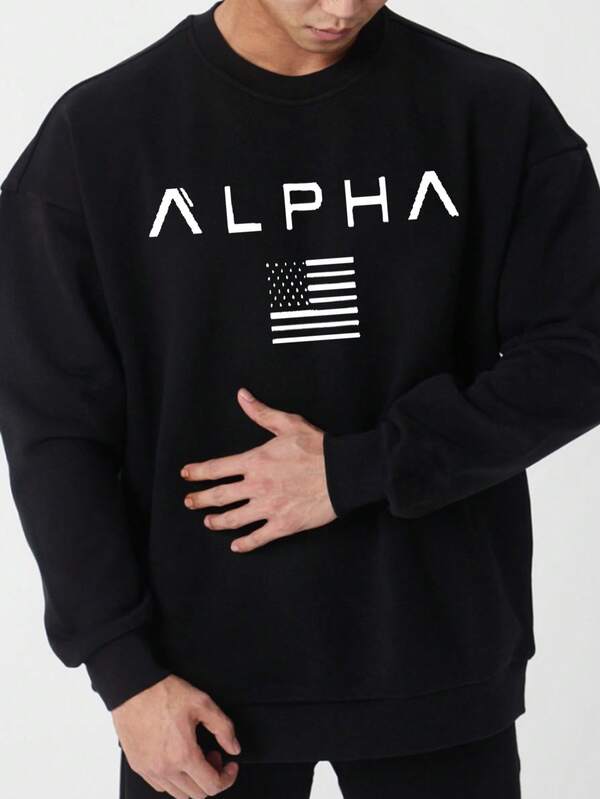Sudadera de cuello redondo para hombre - Sudadera con capucha de ajuste holgado para correr y hacer ejercicio, estampado gráfico Alpha, tela transpirable de 250g, ropa casual de calle para deportes y uso diario