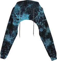 Women Crop Top Pullover Sweatshirt Long Sleeve Drawstring Hoodie - 黑色藍色 - 查看 1