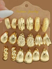 6-18pcs Geometric Textured Teardrop Golden Fashion Bohemian Style Earrings, Suitable As Gifts For Family And Friends For Holidays (Paper Card Packaging) - Gold - View 12
