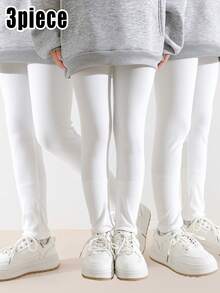 3 Pairs Girls' Solid Color Basic Ankle Length Leggings, Suitable For All Seasons - White - View 5
