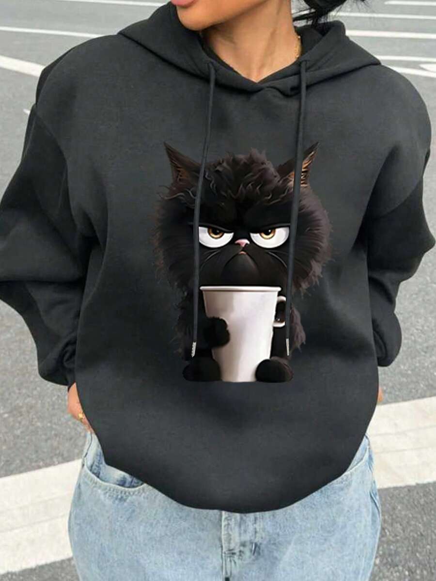 Plus Size Cat Print Hooded Sweatshirt For Women, Casual Long-Sleeved Patterned Sweatshirt For Back-To-School Season - Black - View 1