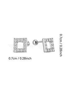 Artepollo 1 pieza Pendientes de botón cuadrados de plata de ley 925 con circonita, elegantes y sofisticados, diseño de cierre de rosca, caja de regalo, adecuados para uso diario o días festivos, regalo para niñas, amigas