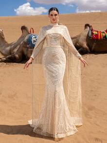 Faeriesty Valentine's Day Haute Glamour Luxe Two Pieces Sparkly Beaded Gown Set: Beaded Sequin Mermaid Gown & Fish Scale Beaded Cape, Long Sleeve Sheer Design With Cinched Waist - Elegant Bridal & Evening Wear Perfect For Weddings, Red Carpet Events, And Formal Galas For Women Birthday Outfit Clothes - Champagne - View 4