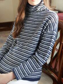 Knit Mix Women's Autumn/Winter Fashion French Elegant Commute Knit Contrast Color Striped Turtleneck Long Sleeve Regular Loose Pullover Sweater Top - Navy Blue - View 8