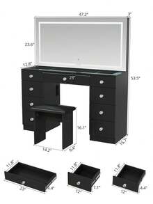 VOWNER 47.2" Large Vanity Desk With LED Lighted Mirror, Modern Makeup Vanity With Power Outlet, 9 Drawers And Soft Stool, 3 Color Light Modes, Brightness Adjustable, Bedroom Vanity Set Gifts For Girls Women, Halloween & Thanksgiving - Xem 6
