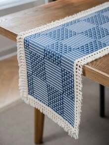1pc Farmhouse Nordic Minimalist Holiday Party Geometric Pattern Tassel Table Runner, Home Decor, Photoshoot Backdrop, Multi-Color, Elegant European Style