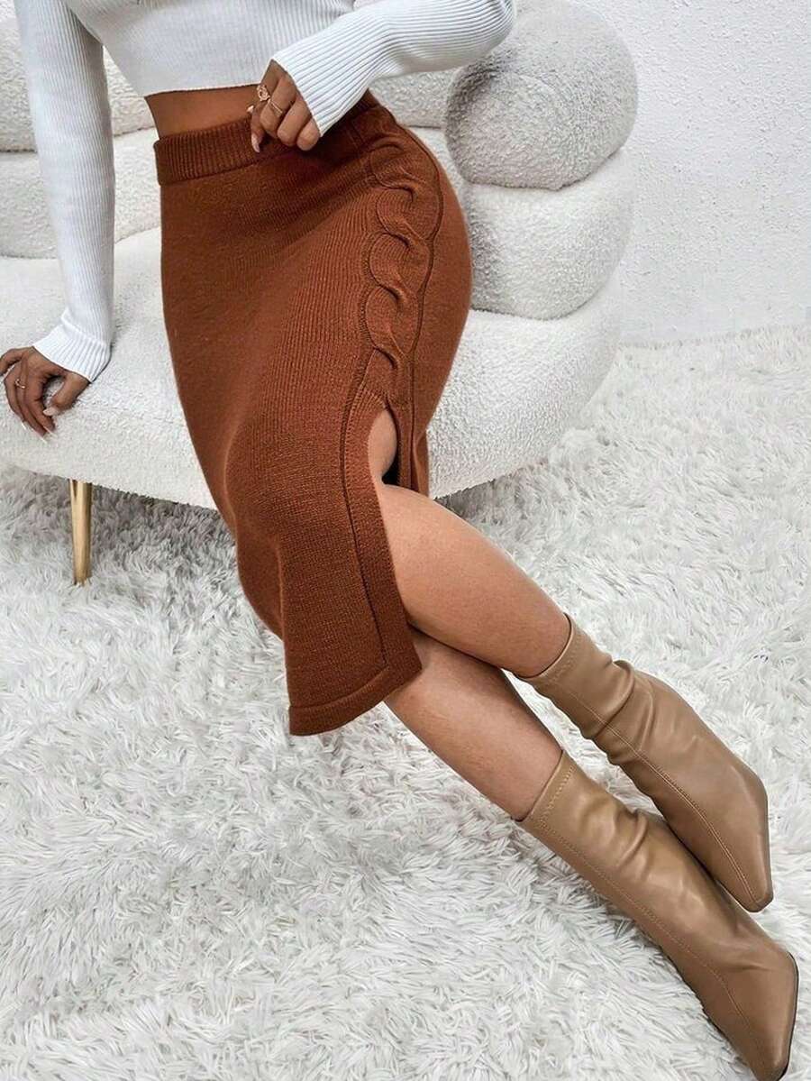 优雅侧褶开衩修身中长款女式毛衣裙，女士秋季服装，秋季毛衣裙，女士办公室服装 - 棕色 - 查看 1