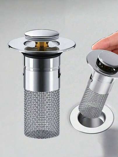 1个通用型回弹式水槽排水过滤器，适用于浴室 - 按压式/弹出式镀铬水槽过滤器，带毛发收集器 - 适用于直径1.39-1.57英寸的孔 - 浴室水槽排水塞，家居浴室装饰，秋季装饰，返校季浴室配件，浴室工具