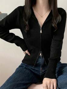 Áo khoác cardigan nữ dài tay có mũ, màu trơn, khóa kéo, kiểu dáng thường ngày, màu đen. - màu đen - Xem 5