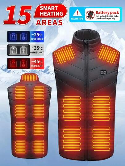 Men's Smart Heated Vest, 15 Heating Zones, 3-Gear Intelligent Temperature Control (Low, Medium, High), Suitable For Outdoor Use In Winter, Breathable Zipper Sleeveless Jacket, Suitable For Autumn/Winter Outdoor Wear, Portable, Not Bulky (Power Bank Not Included)