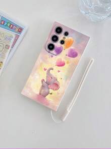 1 pieza Funda de teléfono a prueba de golpes con patrón de elefante y conejo de dibujos animados de TPU blanco y 1 pieza Correa de cordón de silicona blanco, compatible con teléfonos Apple/Android - Multicolor - Ver 5