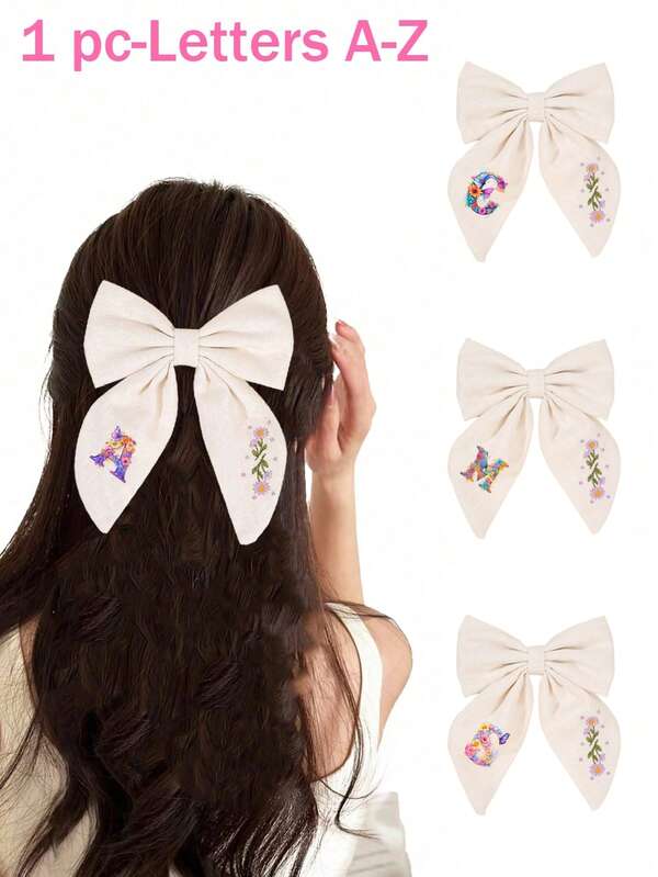 1pc Flower Initials Print-Embroidered Floral Hairpin And Bow Hair Accessory, Handmade Cotton And Linen Simple Hairpin, Suitable For Girls To Decorate Hairpins In Autumn And Winter, Small Accessories For Going Out Shopping And Taking Pictures, Can Be Diy To Decorate Bags, Clothes, Shirts And Other Items, Create Winter Fashion Wear, Dance, Wedding, Birthday Party, Back To School Must-Have, Teacher's Day Gift,Gifts,Travel,Gifts For Women,Hair Stuff,Stocking Stuffers