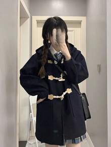 通学制服女性の冬ホーンボタン日本ウールコート女性のカレッジスタイル小中長フード付きウールコート - ブラック - チェックする 1