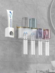 1pc Toothbrush Holder Wall Mounted, Bathroom Organizer With 4 Cups, Automatic Toothpaste Dispenser, Electric Toothbrush Holder, Adhesive Storage Caddy, No Drilling, Bathroom Accessories For Family & Adults, Essential For Halloween Guest Prep, Perfect Christmas Gift For Home. Bathroom Accessories Bathroom Tools - Multicolor - View 5
