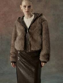 Giolshon Women's Autumn/Winter Hooded Faux Fur Coat, Elegant Date Winter Travel Jacket - Brown - View 6