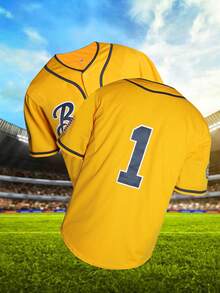 Men's #1 Yellow Baseball Jersey - Button-Up Short-Sleeve Fit, Letter & Number Embroidery, Contrast Binding Detailing, Suitable For Training - 1 Vàng - Xem 1