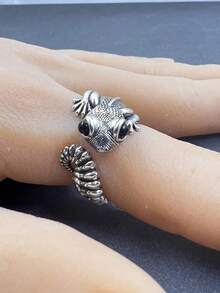 1pc Vintage 3D/Gecko Adjustable Open Ring, Cute Animal Punk Style Suitable Daily Wear, Party, Halloween, Gifts - 黑寶石蜥蜴 - 查看 2