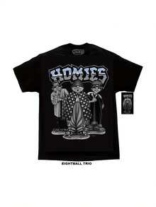 Men'S Art ;Homies; Cotton T-Shirt - Black With Cartoon Characters. Round Neck. Short Sleeves. Comfortable ; Breathable. All-Season Wear. Everyday Apparel Cartoon Graphic Tee Glossy Fabric - màu đen - Xem 1