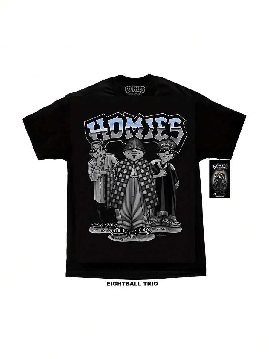 Men'S Art ;Homies; Cotton T-Shirt - Black With Cartoon Characters. Round Neck. Short Sleeves. Comfortable ; Breathable. All-Season Wear. Everyday Apparel Cartoon Graphic Tee Glossy Fabric - màu đen - Xem 1